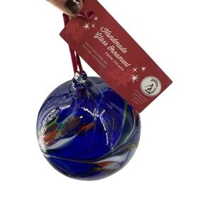 Handcrafted Polish Art Glass Ornament Blue Multicolor Swirl Mouth blown Holiday
